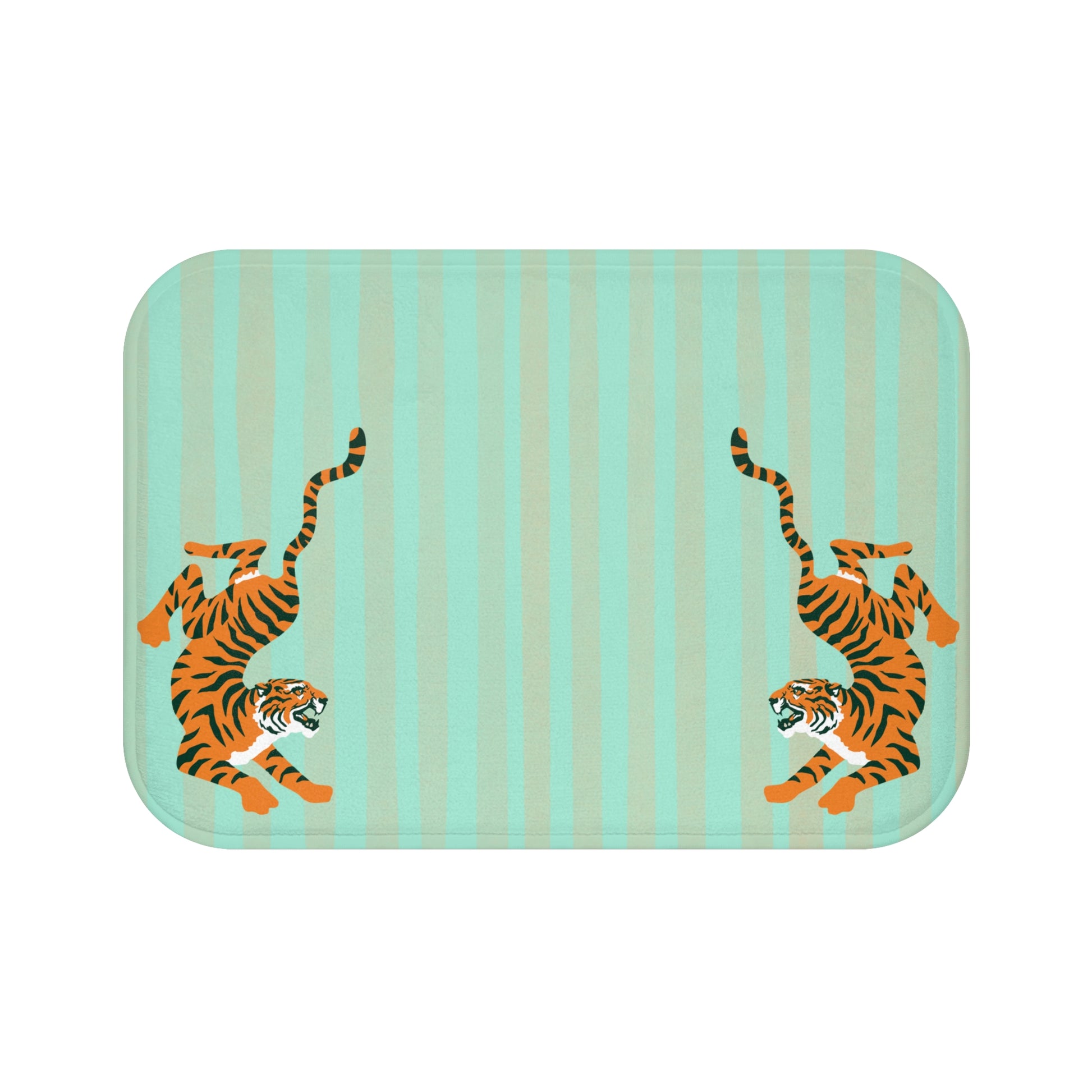 Rectangular mat with striped pattern and two orange tigers on a light blue background