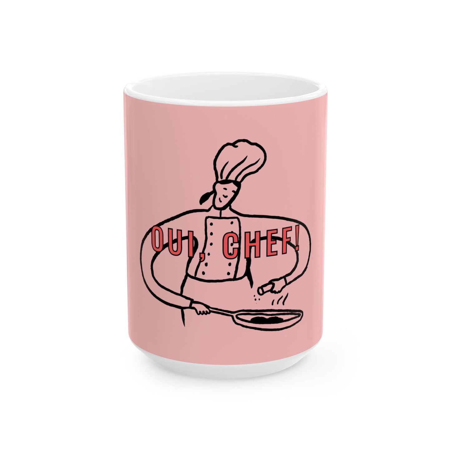Pink mug with a chef illustration and 'Oui, Chef!' text on a white background