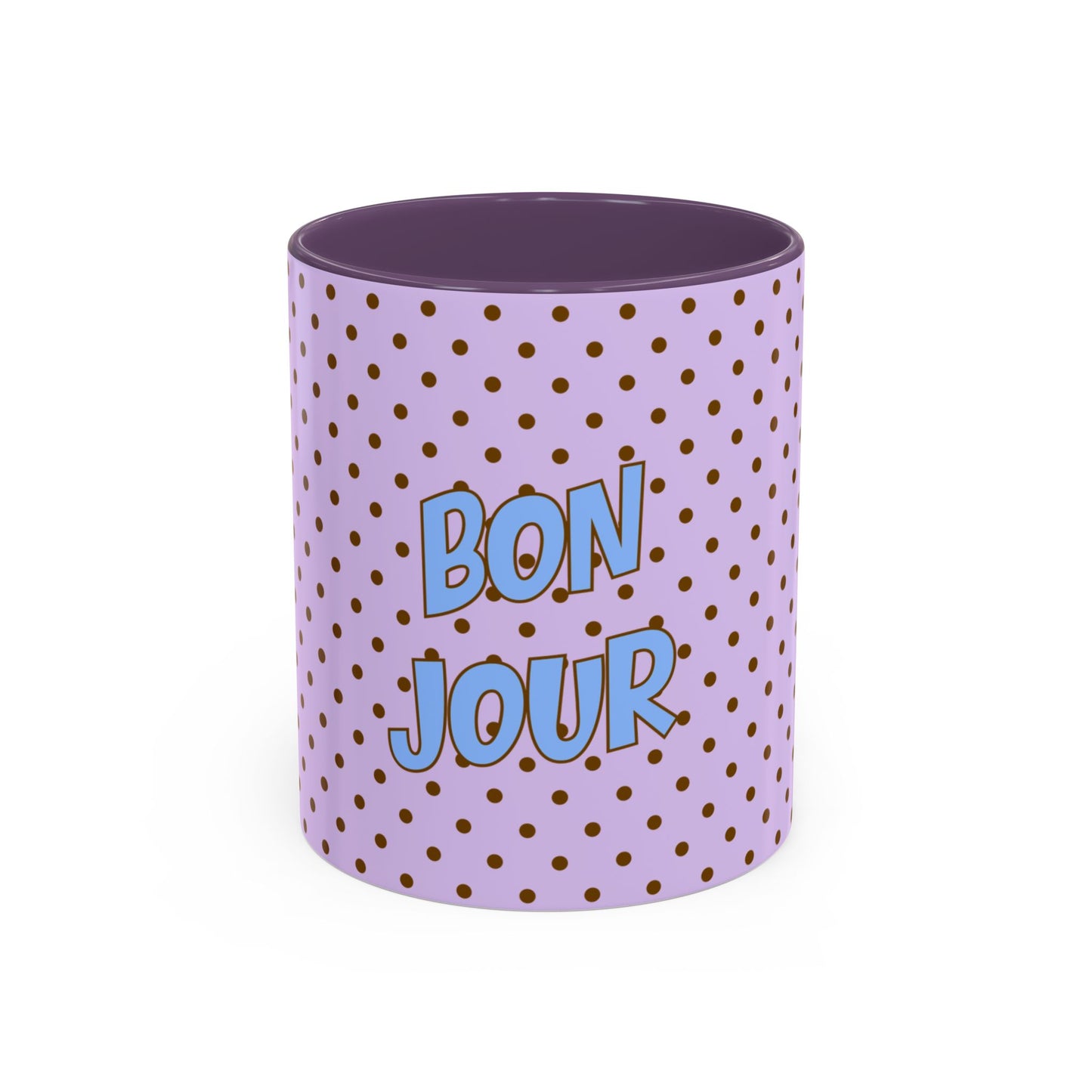 Bonjour Polka Dot Accent Coffee Mug, Lavender, Cute French Café Gift