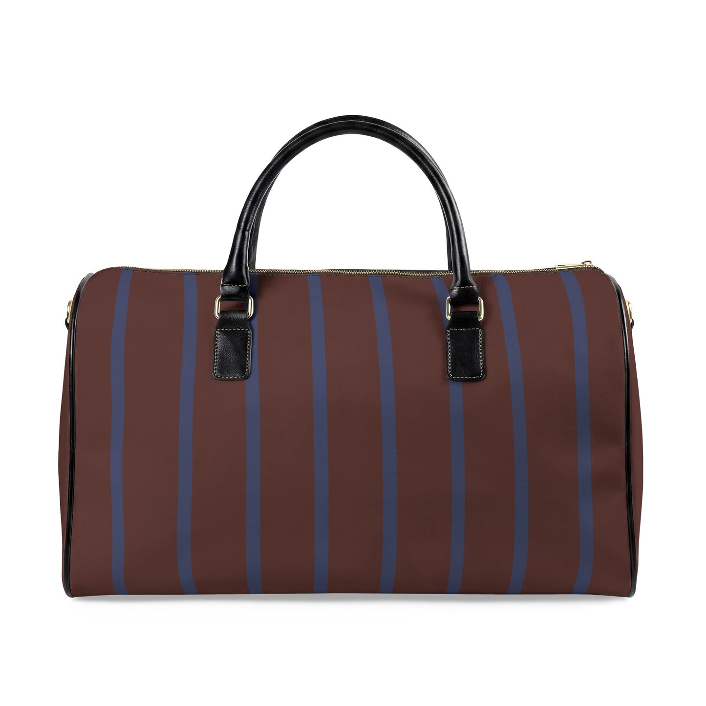 Brown duffel bag with blue stripes on a white background