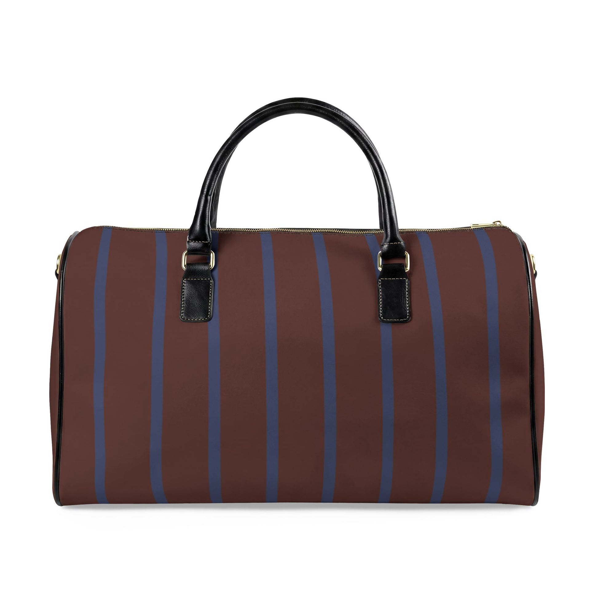 Brown duffel bag with blue stripes on a white background
