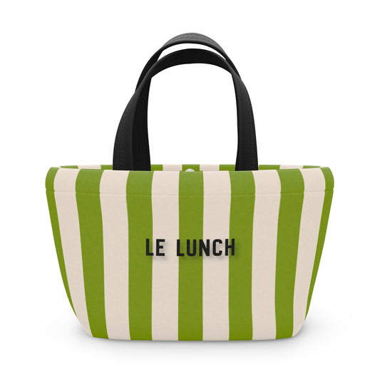 Green and white striped bag with 'LE LUNCH' text on a white background