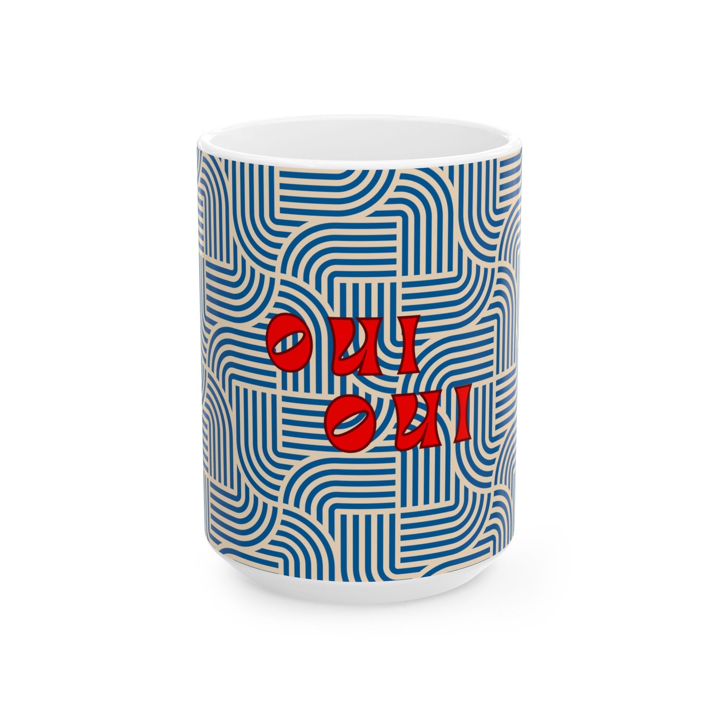 Mug with blue wavy pattern and red text on a white background