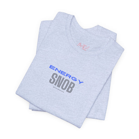 Light blue t-shirt with 'Energy Snob' text on a white background