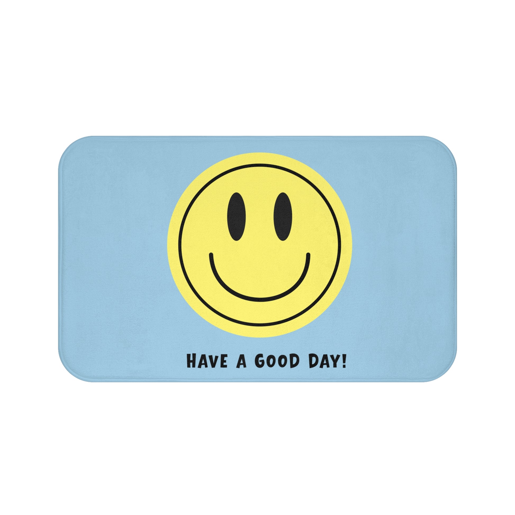 Rectangular blue card with a yellow smiley face and 'Have a Good Day!' text on a white background