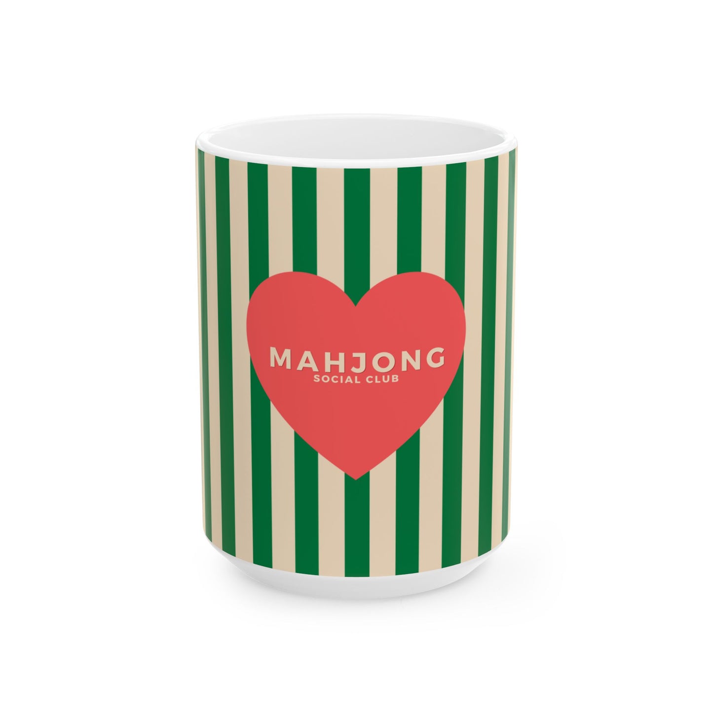 A white ceramic mug featuring vertical green and beige stripes, with a large red heart in the center containing the text 'MAHJONG SOCIAL CLUB' in white.
