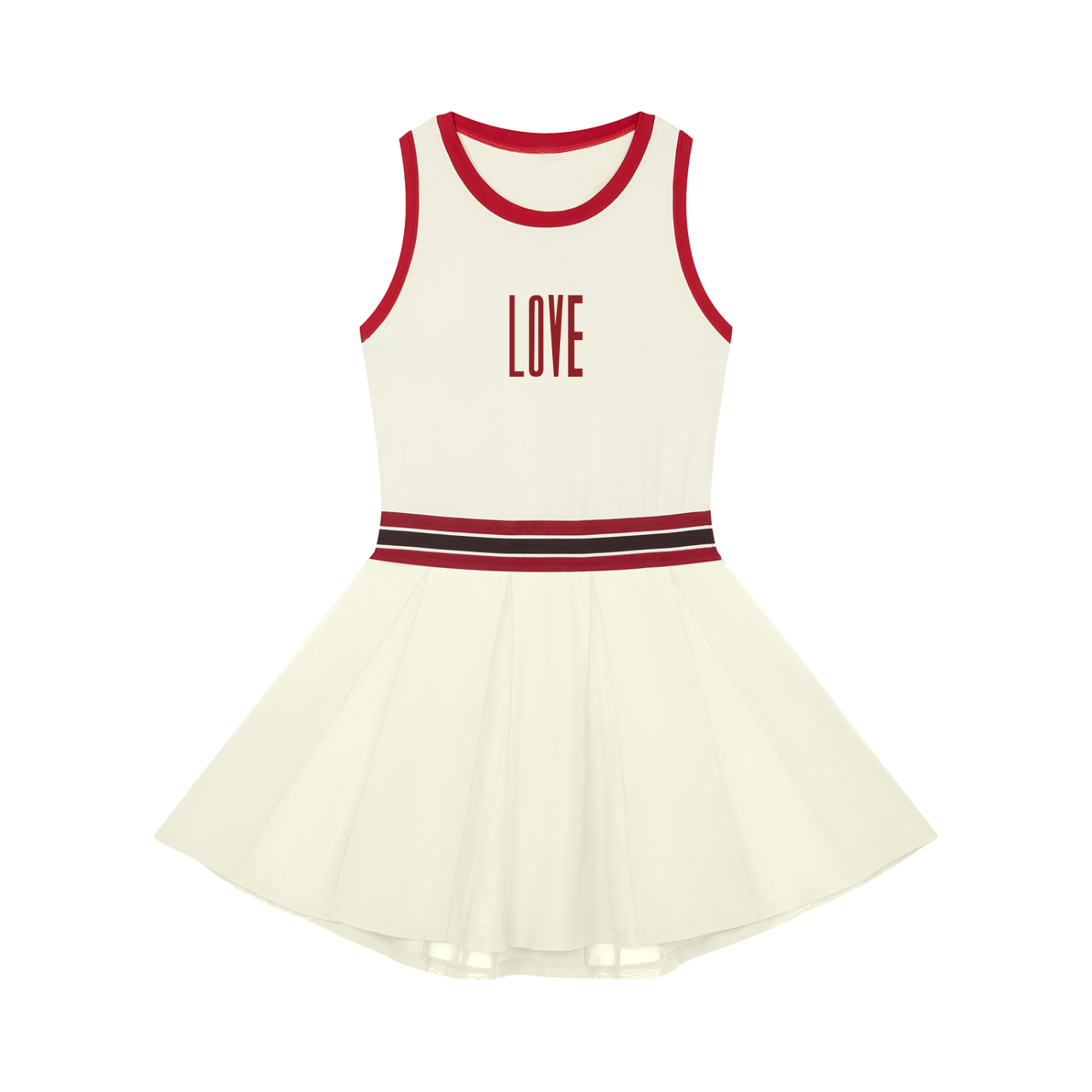 An off-white sleeveless TENNIS dress with red trim, featuring the word 'LOVE' printed in red on the chest and a red and black striped waistband, shown against a plain white background.
