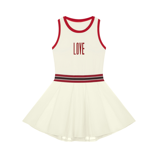 An off-white sleeveless TENNIS dress with red trim, featuring the word 'LOVE' printed in red on the chest and a red and black striped waistband, shown against a plain white background.