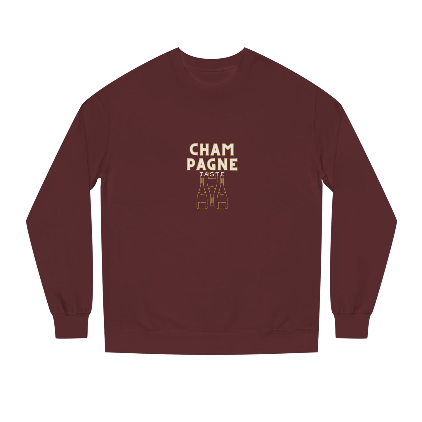 Maroon long-sleeve shirt with 'Champagne' text and bottle graphics on a white background