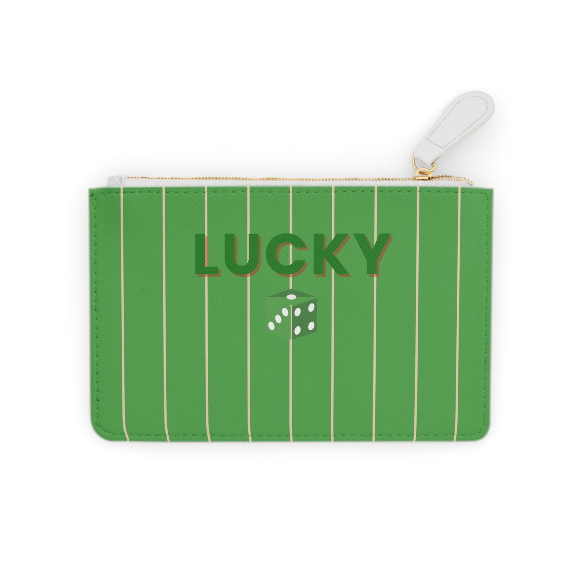 Green pouch with white stripes and 'LUCKY' text on a white background
