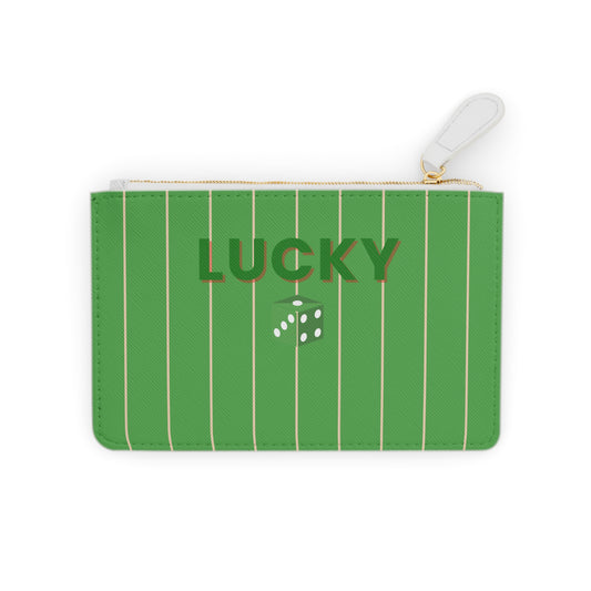 Green pouch with white stripes and 'LUCKY' text on a white background
