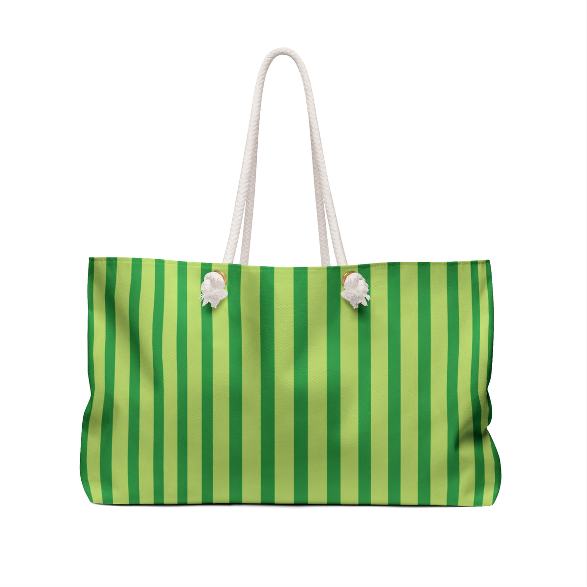 A green and light green vertically striped tote bag with white rope handles, shown against a plain white background.