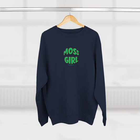 Navy blue sweatshirt with 'MOSS GIRL' text in green on a hanger against a white background