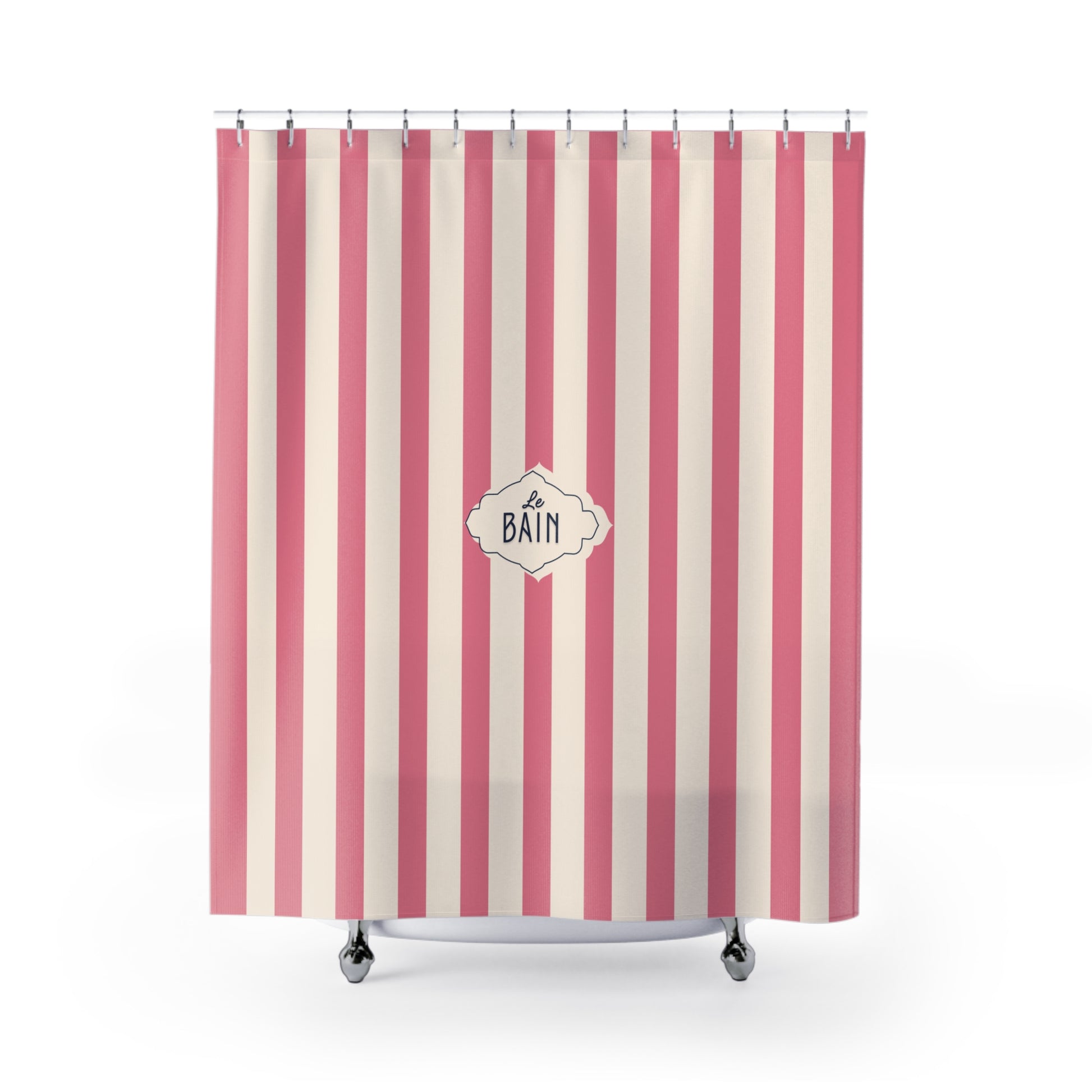 Shower curtain with pink and white vertical stripes and 'Le Bain' label on a white background