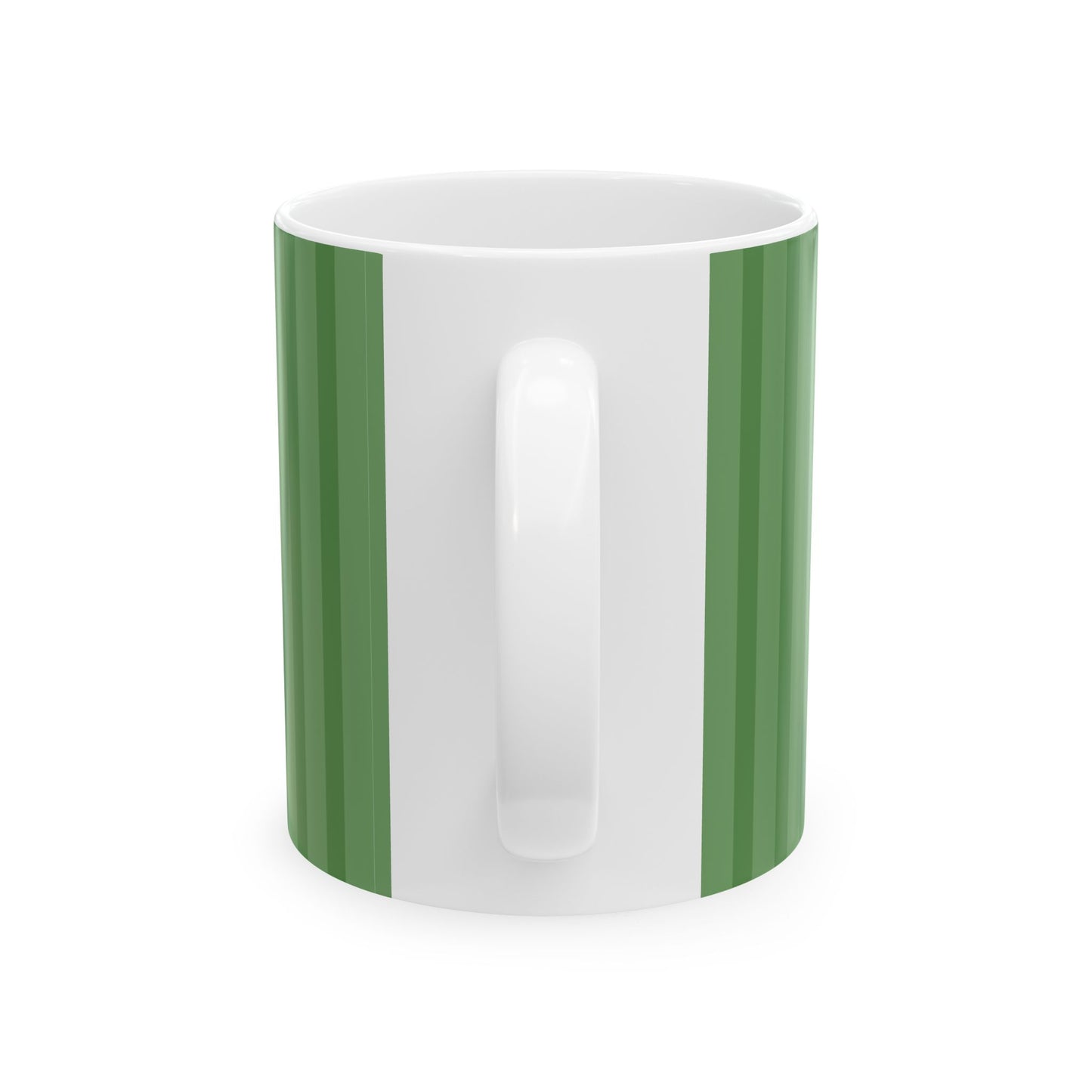 A white ceramic mug with two vertical green stripes on either side of the handle, shown against a plain white background.
