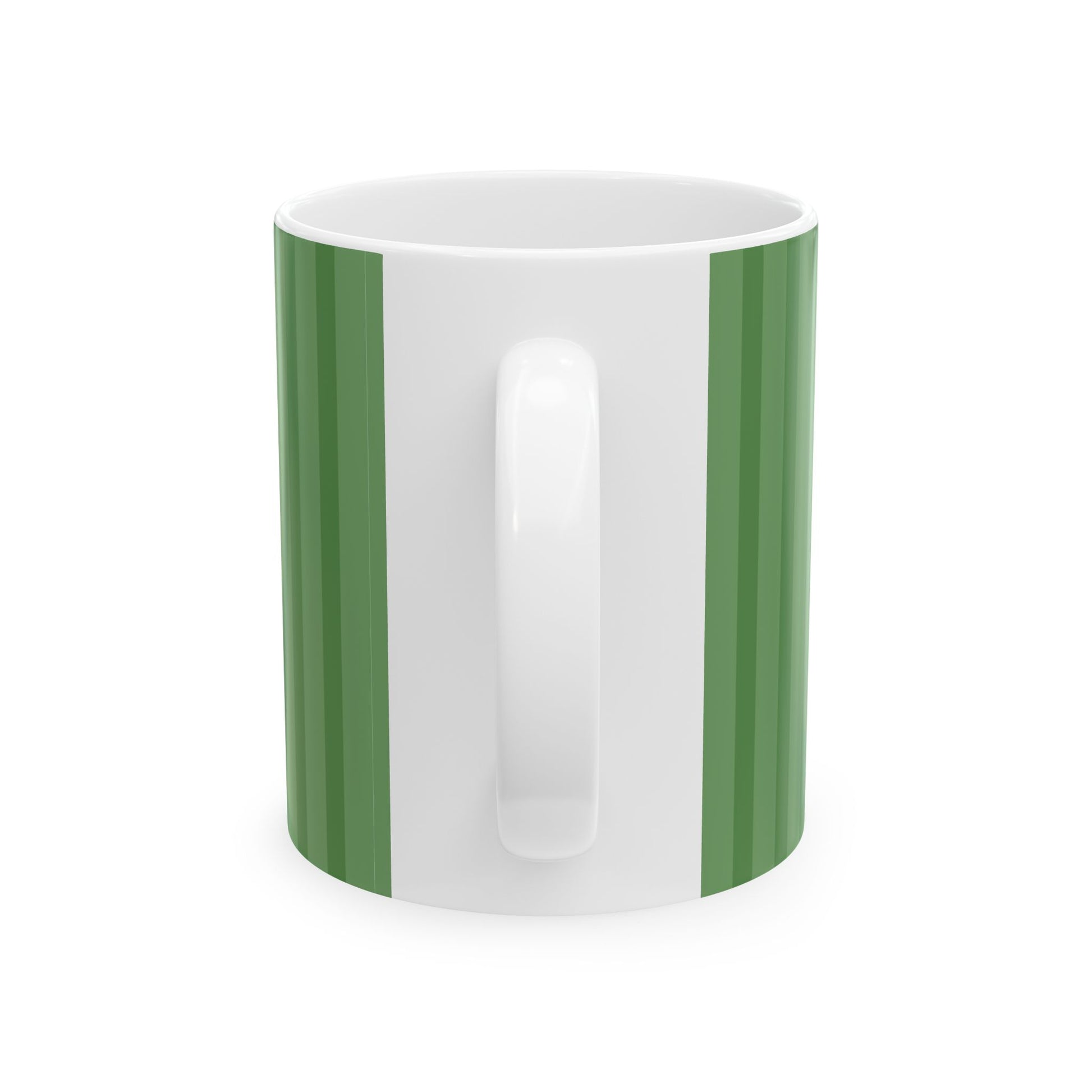 A white ceramic mug with two vertical green stripes on either side of the handle, shown against a plain white background.