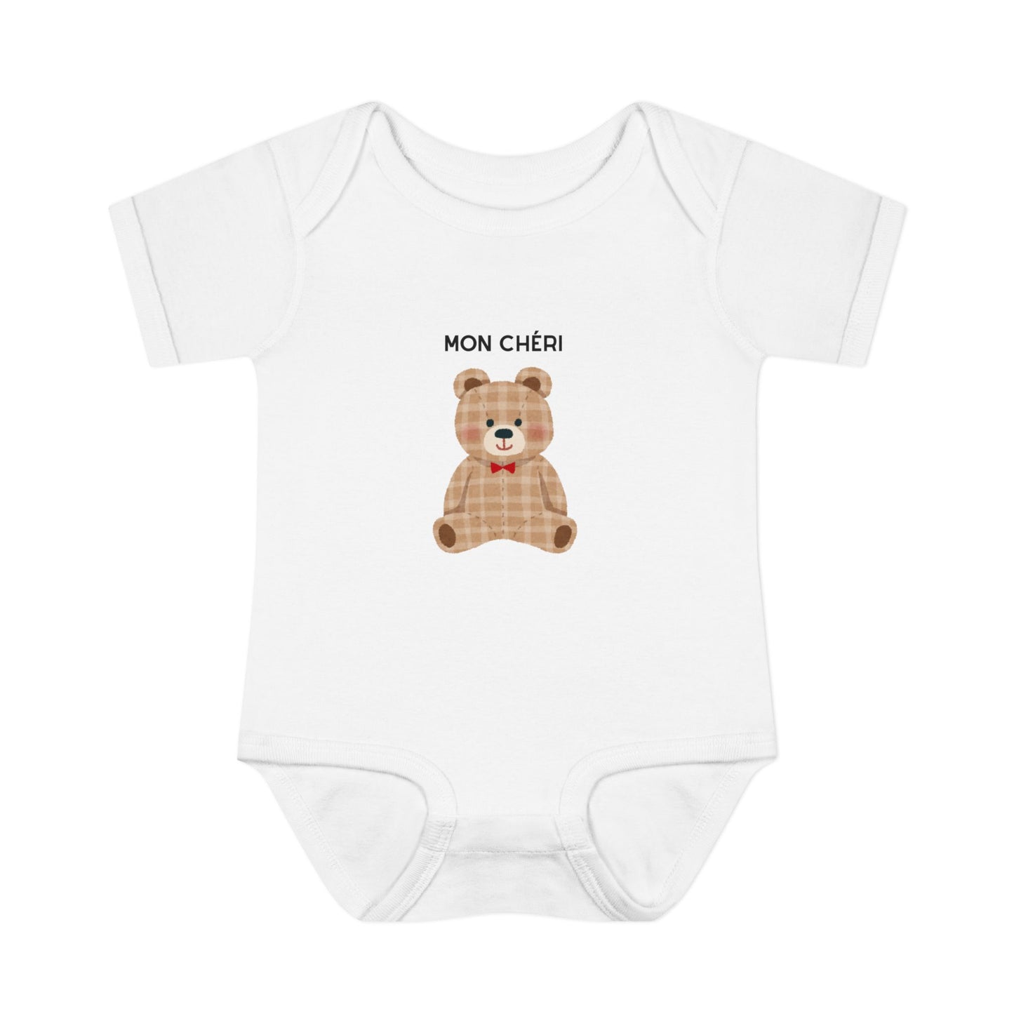 White baby onesie with a teddy bear design and 'MON çèRI' text on a white background