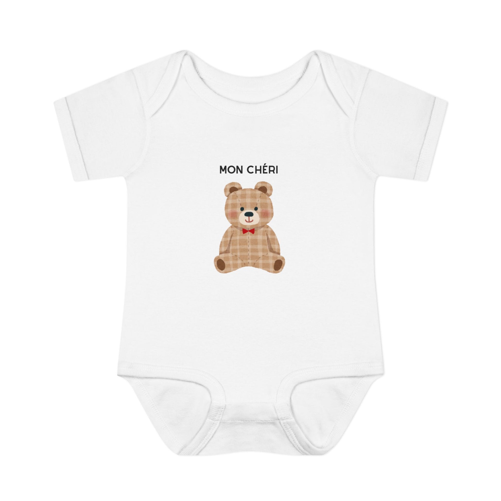 White baby onesie with a teddy bear design and 'MON çèRI' text on a white background