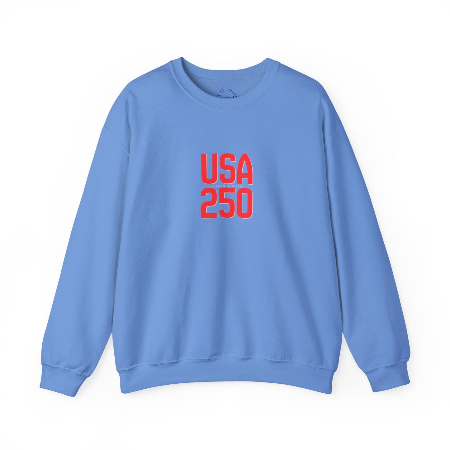 Blue sweatshirt with 'USA 250' text in red on a white background