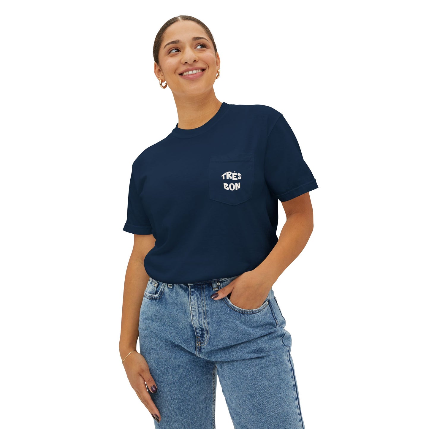 Person wearing a navy blue t-shirt with a logo on a white background
