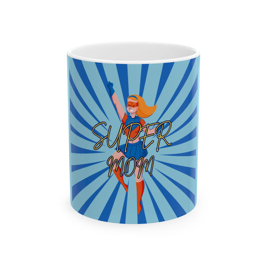 Mug with superhero-themed design and 'Super Mom' text on a blue and white background