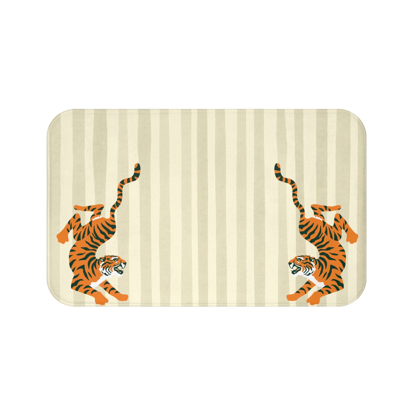 Rectangular mat with striped pattern and two orange tigers on a beige background