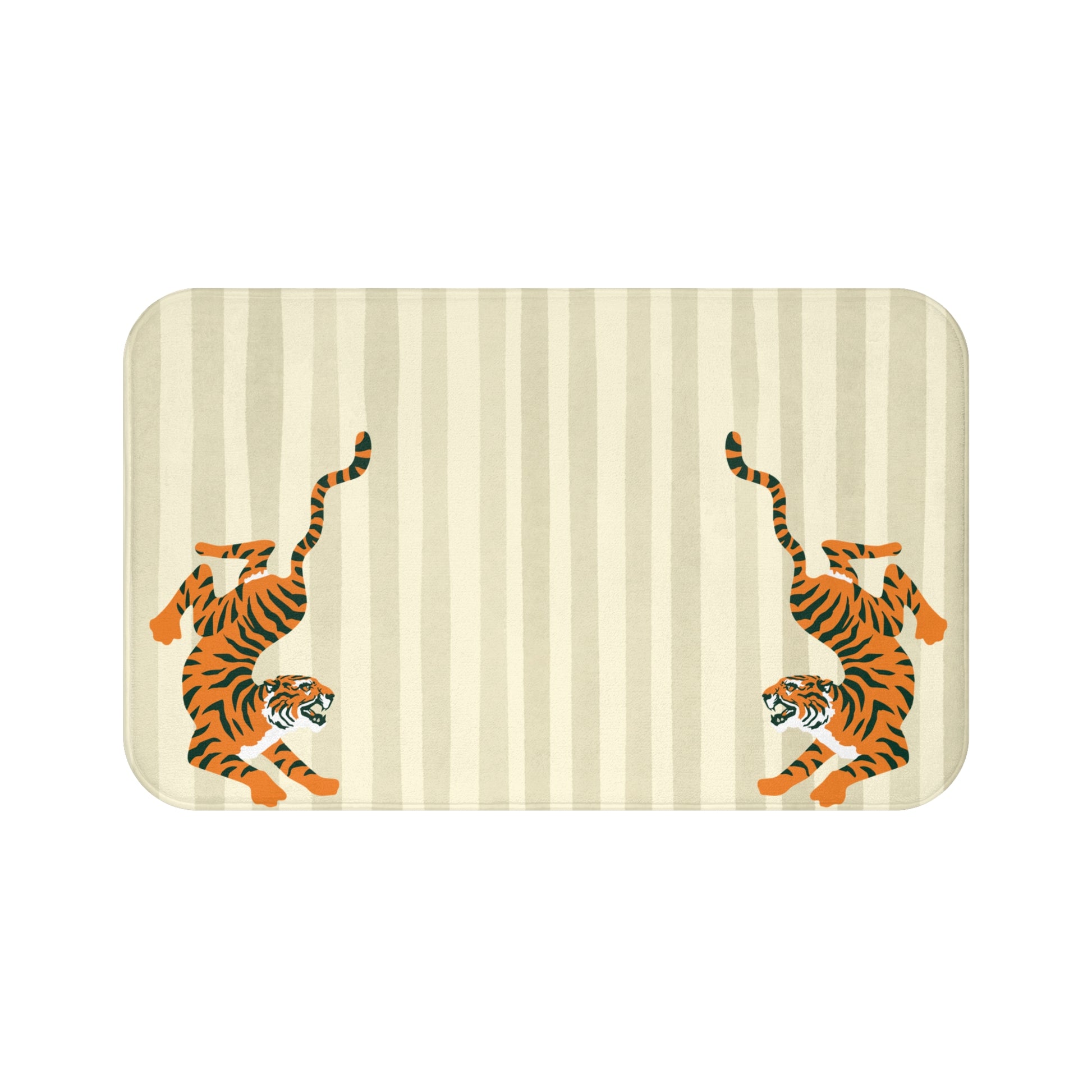 Rectangular mat with striped pattern and two orange tigers on a beige background