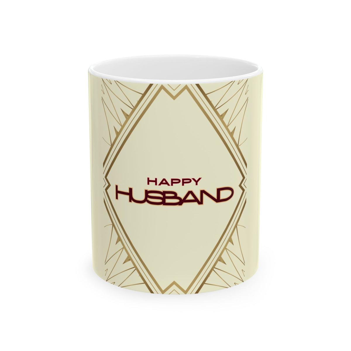 A white ceramic mug featuring a cream-colored outer wrap with an Art Deco diamond pattern and the words 'HAPPY HUSBAND' in dark red lettering, shown on a plain white background.