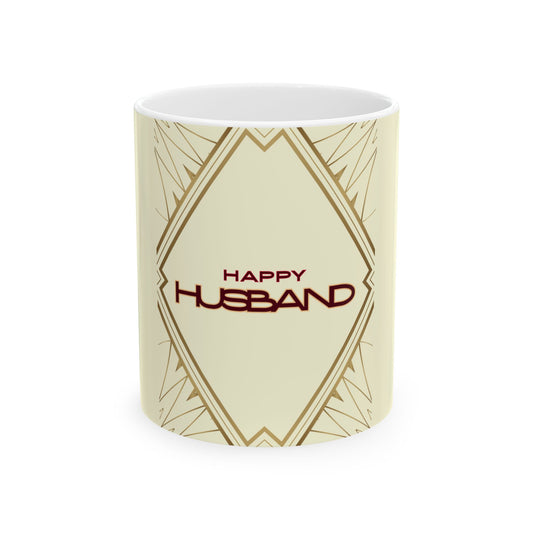 A white ceramic mug featuring a cream-colored outer wrap with an Art Deco diamond pattern and the words 'HAPPY HUSBAND' in dark red lettering, shown on a plain white background.