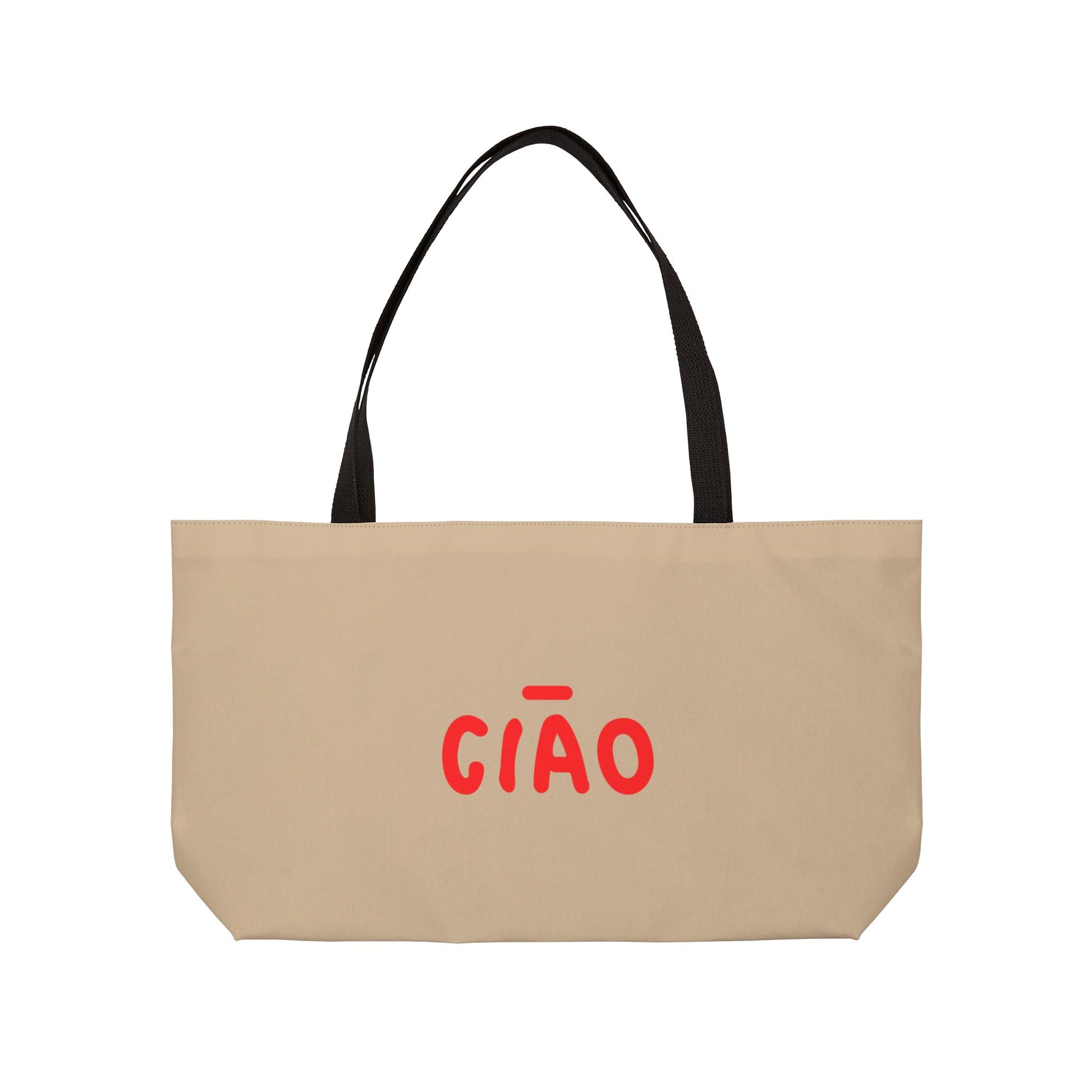 Beige tote bag with red text 'GIÓO' on a white background