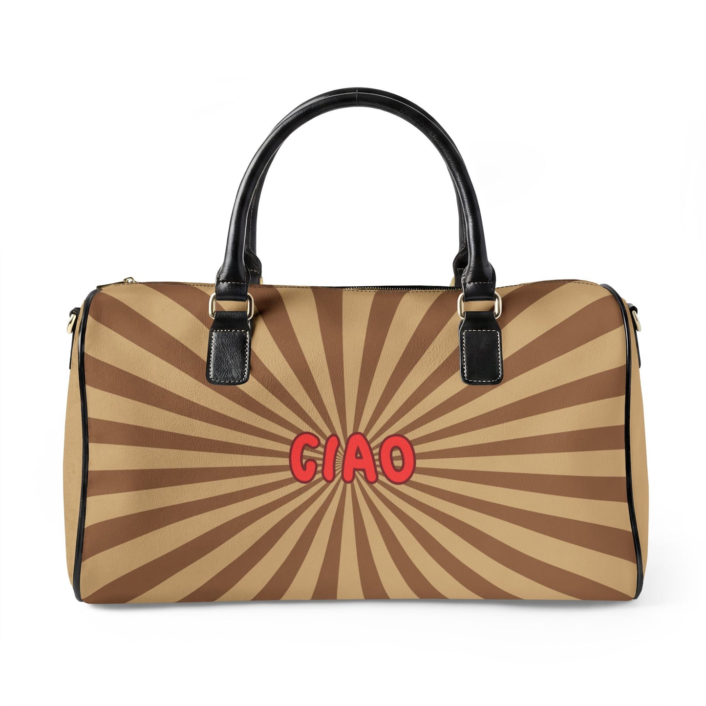 Chic Leather Travel Bag, Neutral — Retro Sunburst ‘CIAO’ Weekender Duffle