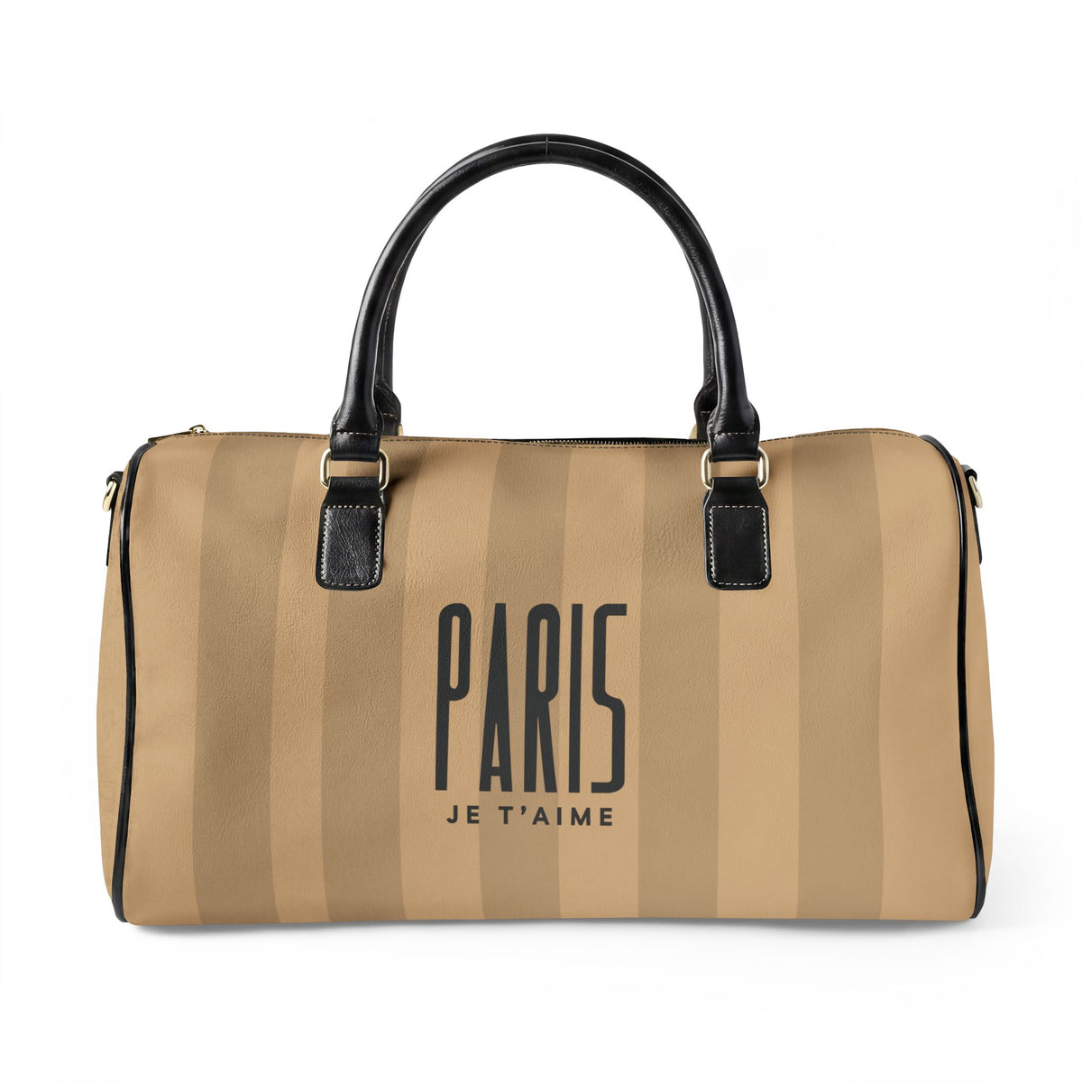 A beige and tan vertically striped duffle bag with black leather handles and trim, featuring the text 'PARIS JE T'AIME' printed in black on the front.
