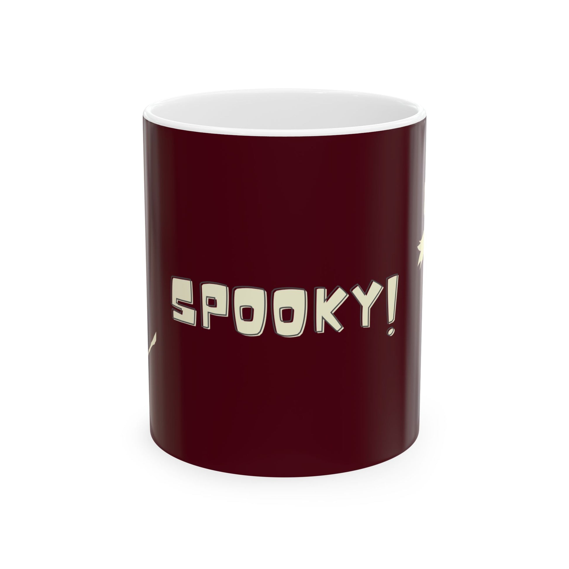 Maroon mug with 'SPooky!' text on it.  Halloween Mug 