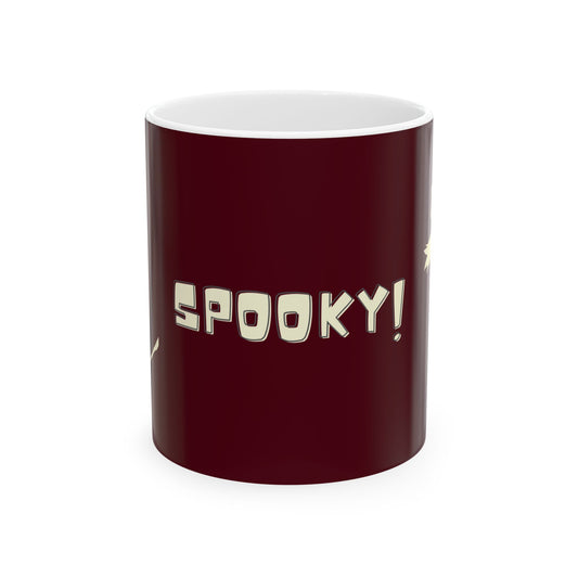 Maroon mug with 'SPooky!' text on it.  Halloween Mug 