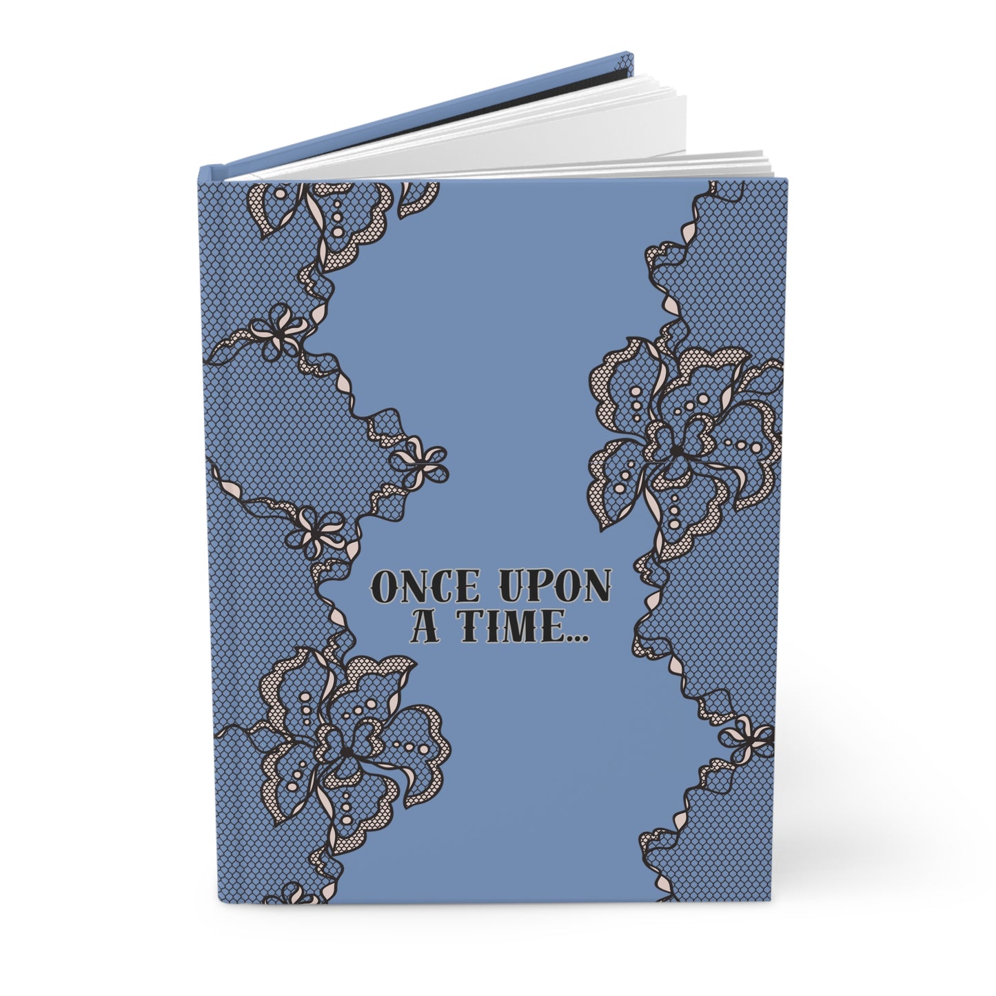 Blue notebook with lace design and 'Once Upon a Time' text on a white background