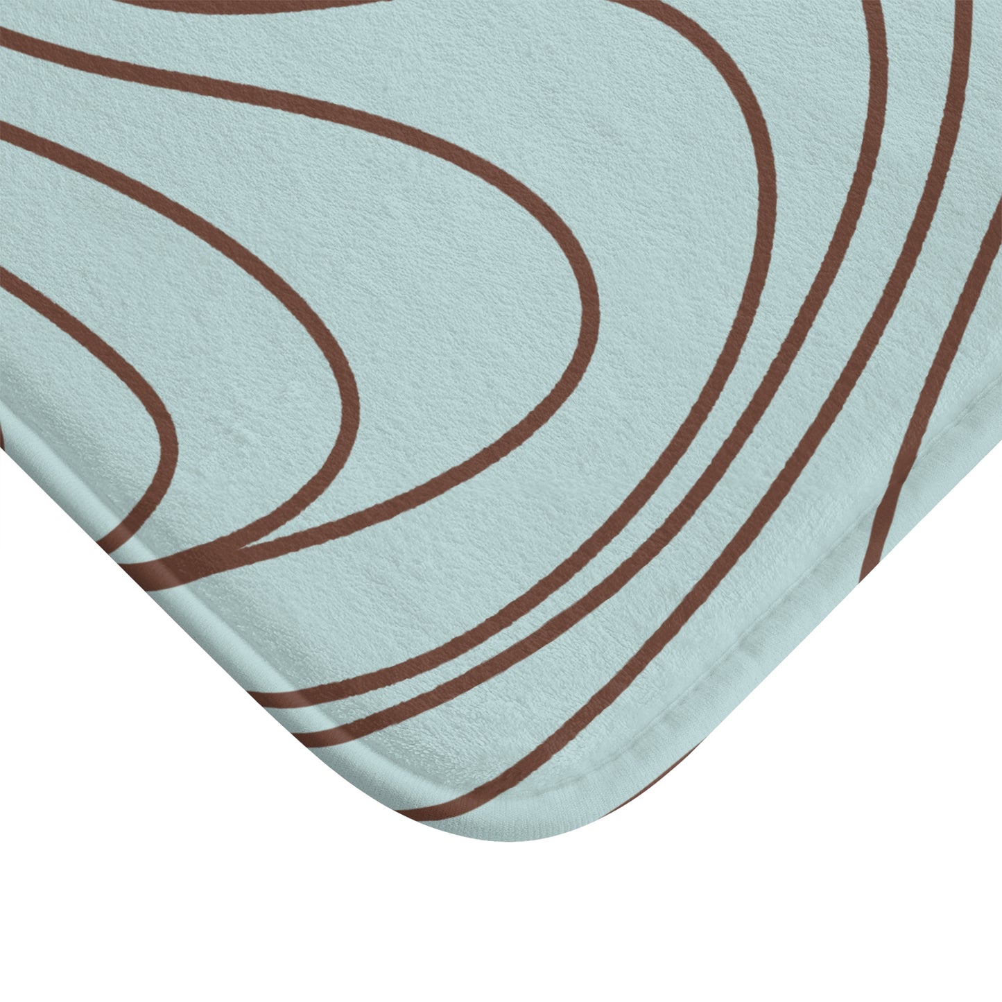 Abstract Wave Bath Mat – Light Aqua Blue with Brown Line Art
