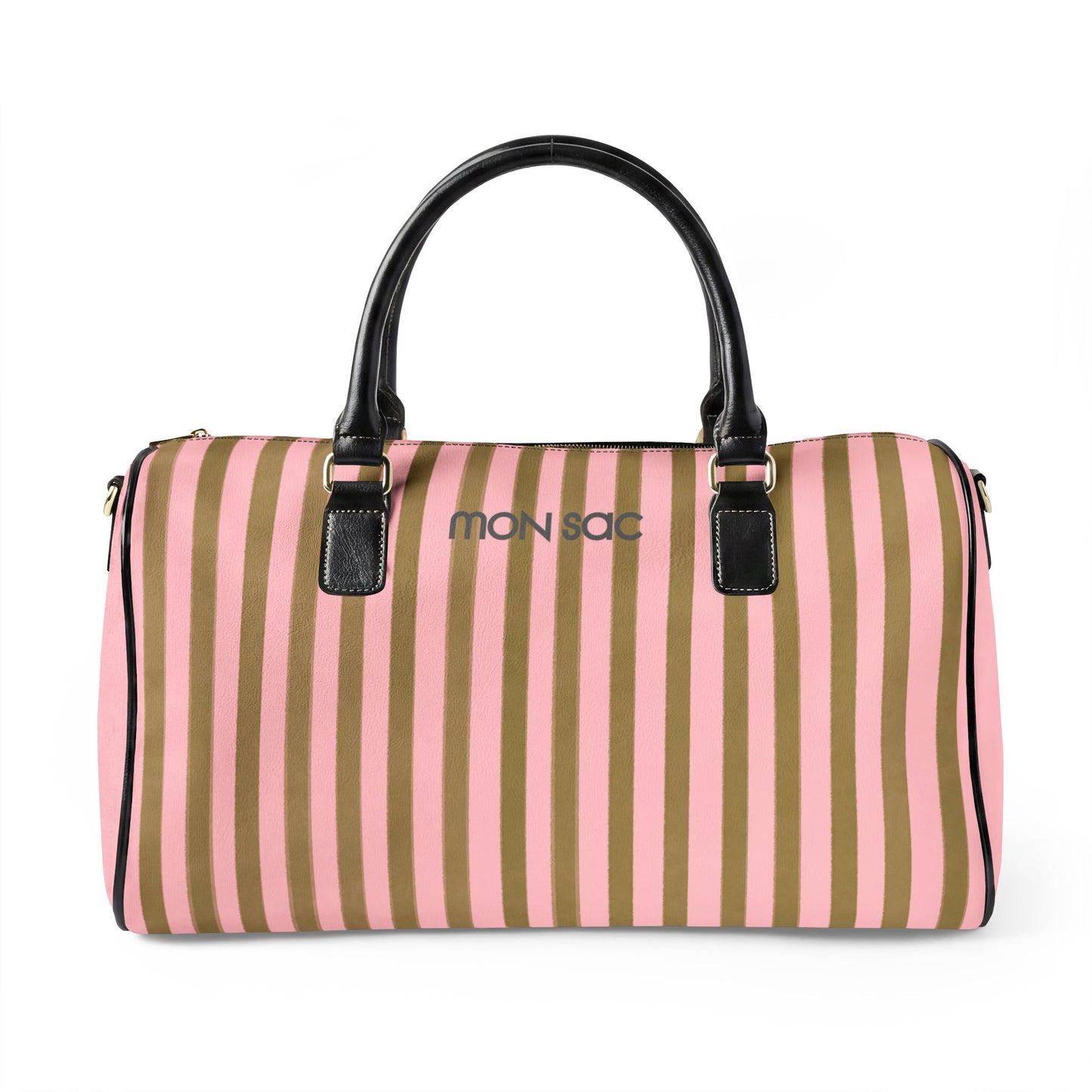 Women's Pink Striped duffel bag with black handles and me on a white background