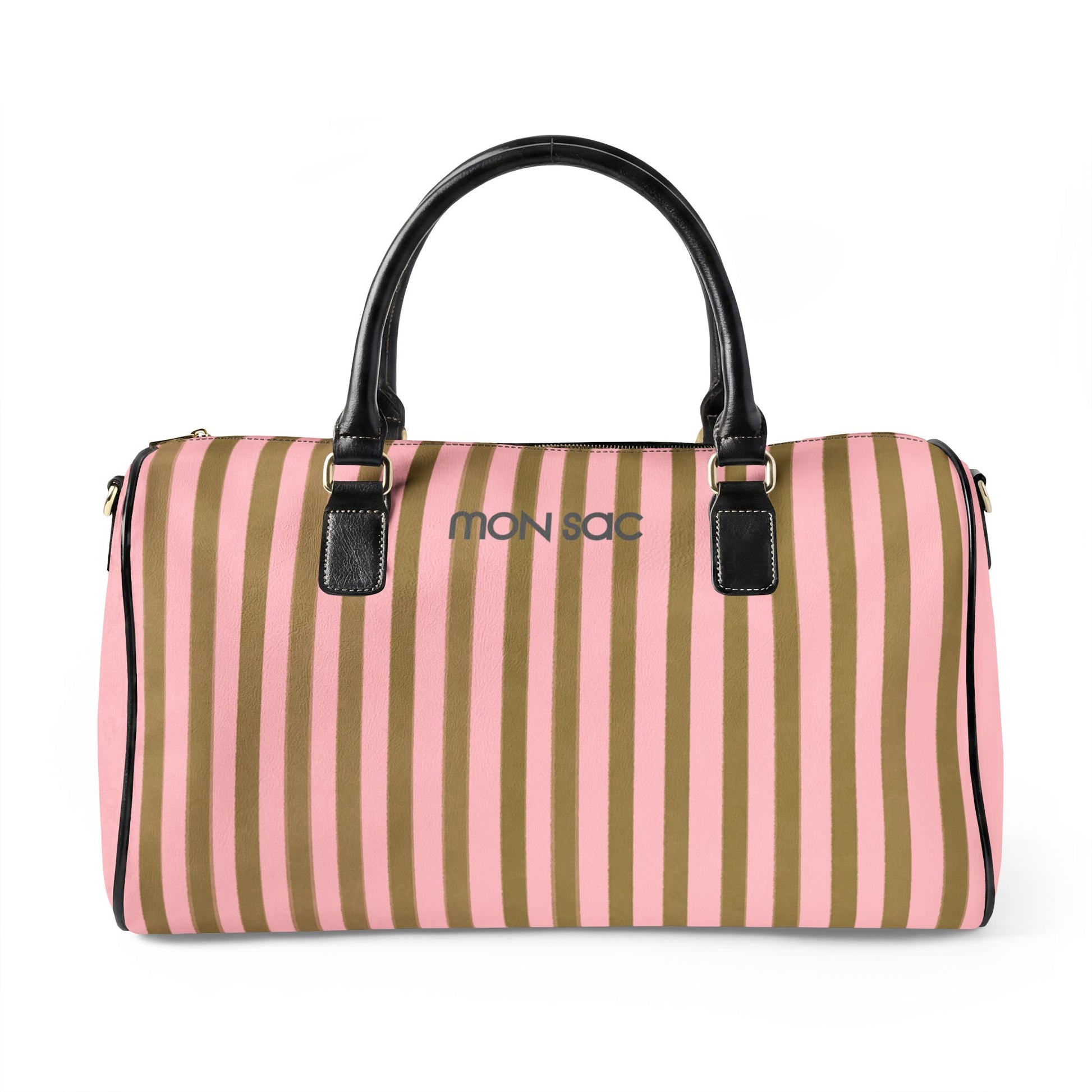 Women's Pink Striped duffel bag with black handles and me on a white background