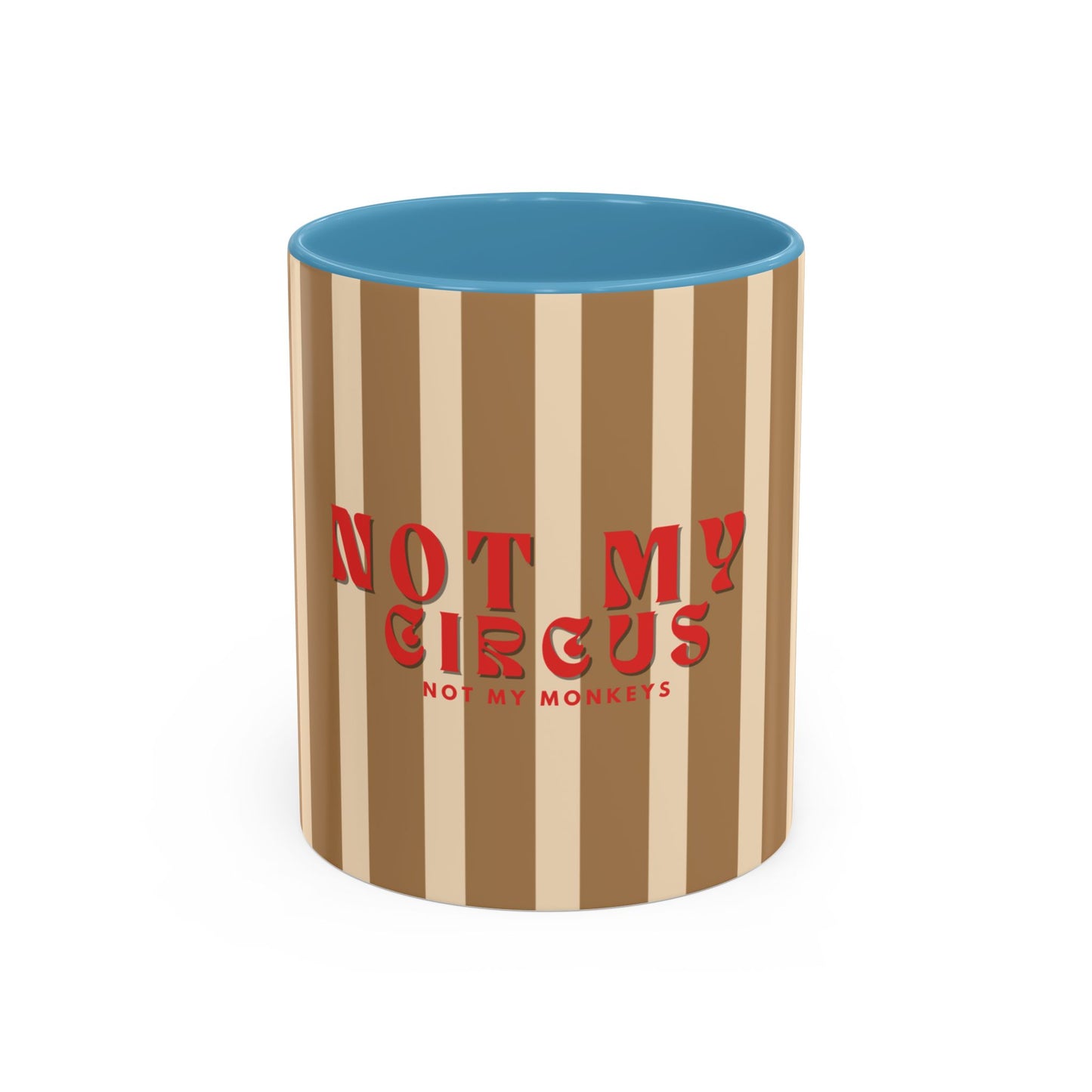 Striped mug with blue top and red text on a white background