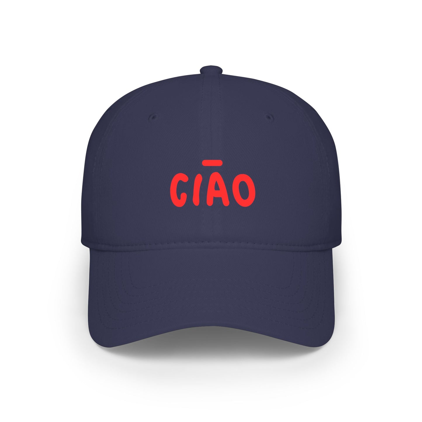 Navy blue cap with red 'Ciao' text on a white background