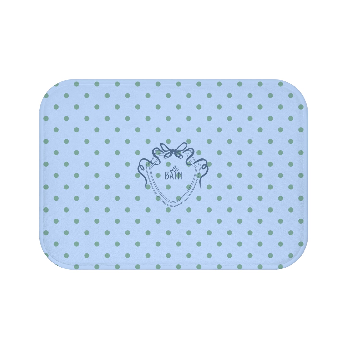 Blue polka dot mat with a brand logo on a white background