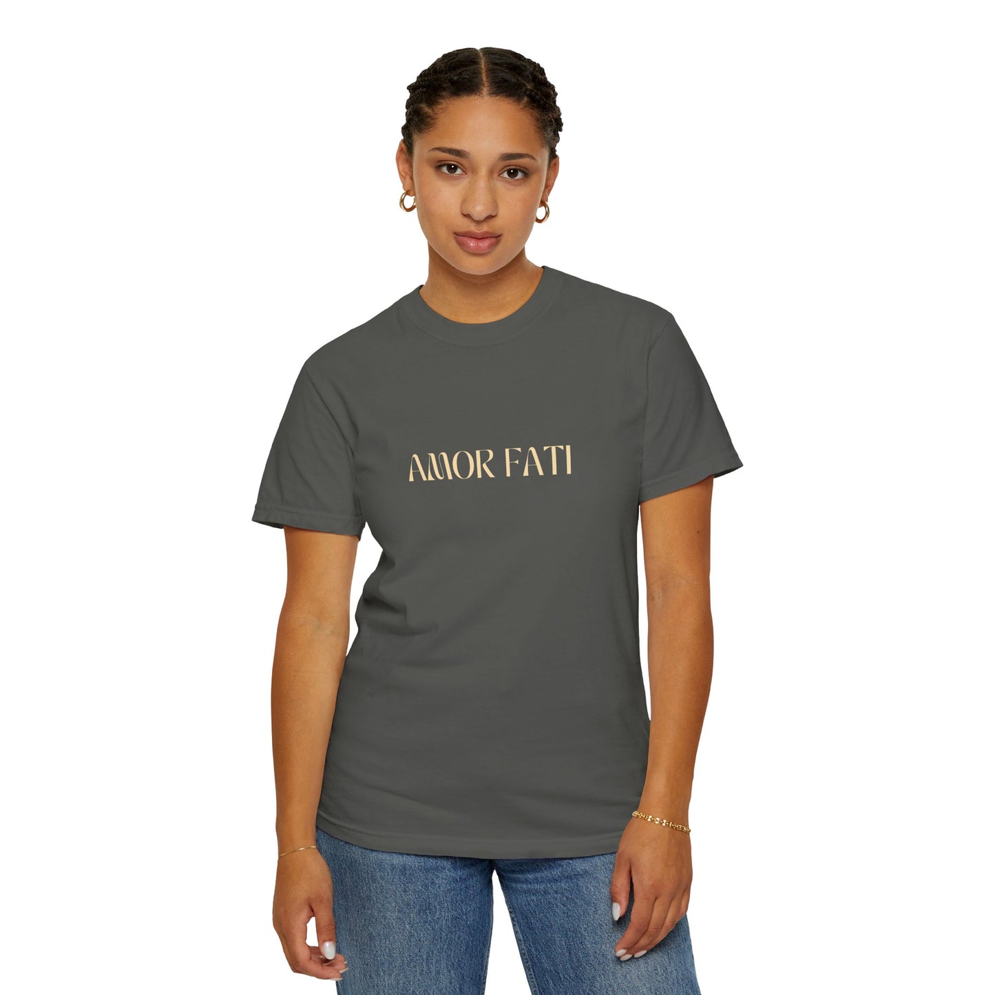 Person wearing a gray t-shirt with 'AMOR FATI' text on a white background
