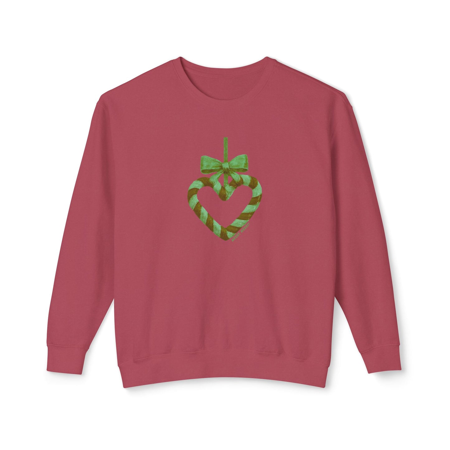 Red Holiday sweatshirt with a green heart design on a white background