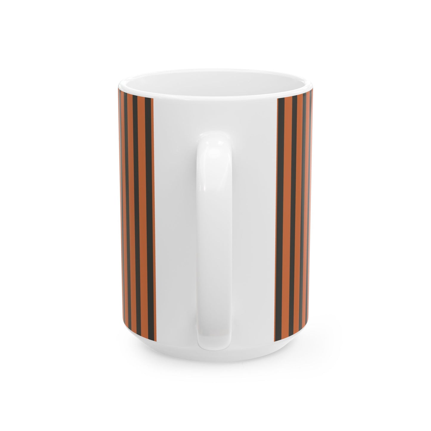 A white ceramic mug with a vertical striped pattern of brown and black stripes on both sides of the handle, shown on a clean white background.