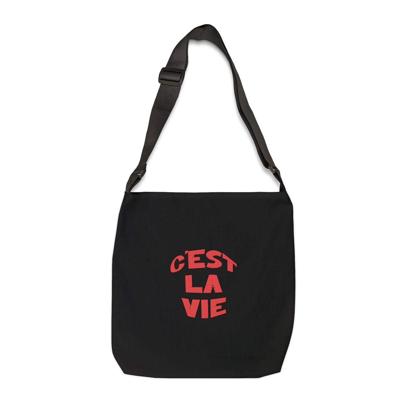Black bag with red text 'C'EST LA VIE' on a white background