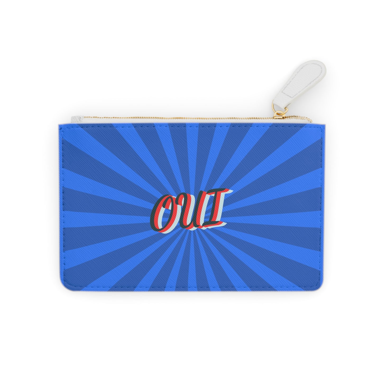 Blue pouch with OUI text on a white background