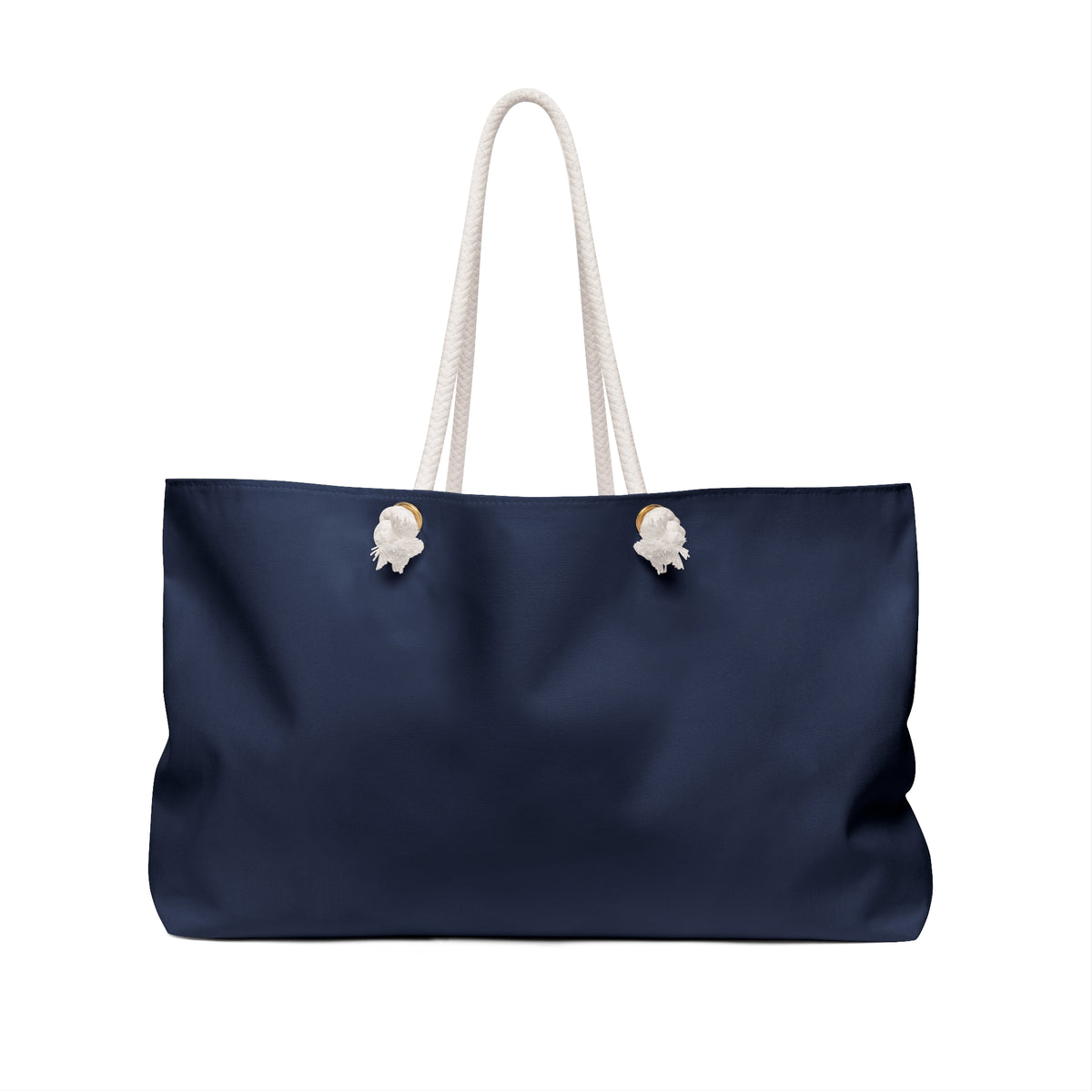 Dark blue tote bag with white handles on a white background