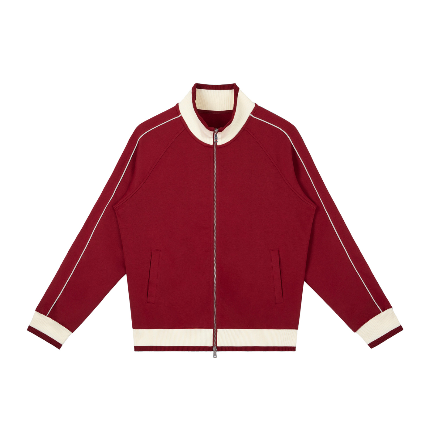 Red jacket with white trim on a white background