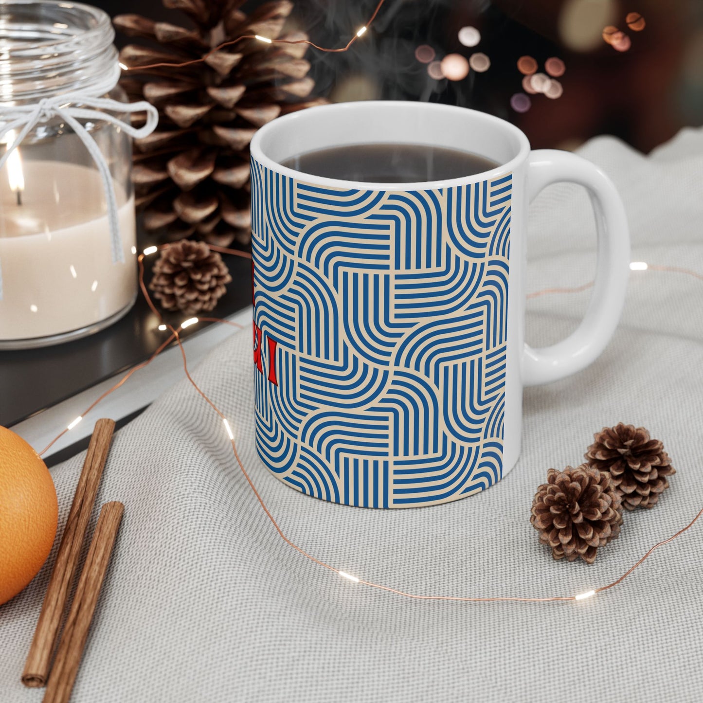 Retro Pattern 'Oui Oui'Ceramic Mug, BLUE