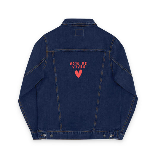 Blue denim jacket with red heart and text on the back against a white background
